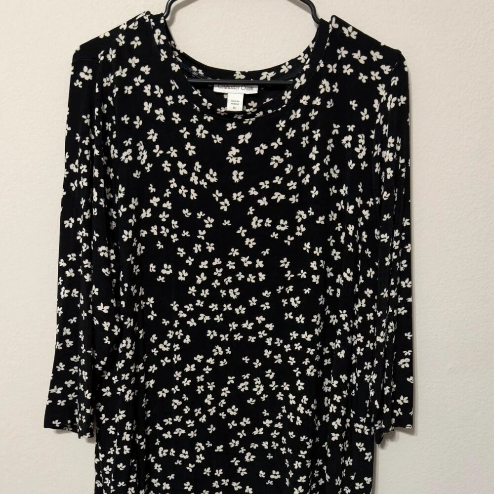 Coldwater Creek Long Shirt Tunic Top with Lace Black Floral Print Size XL